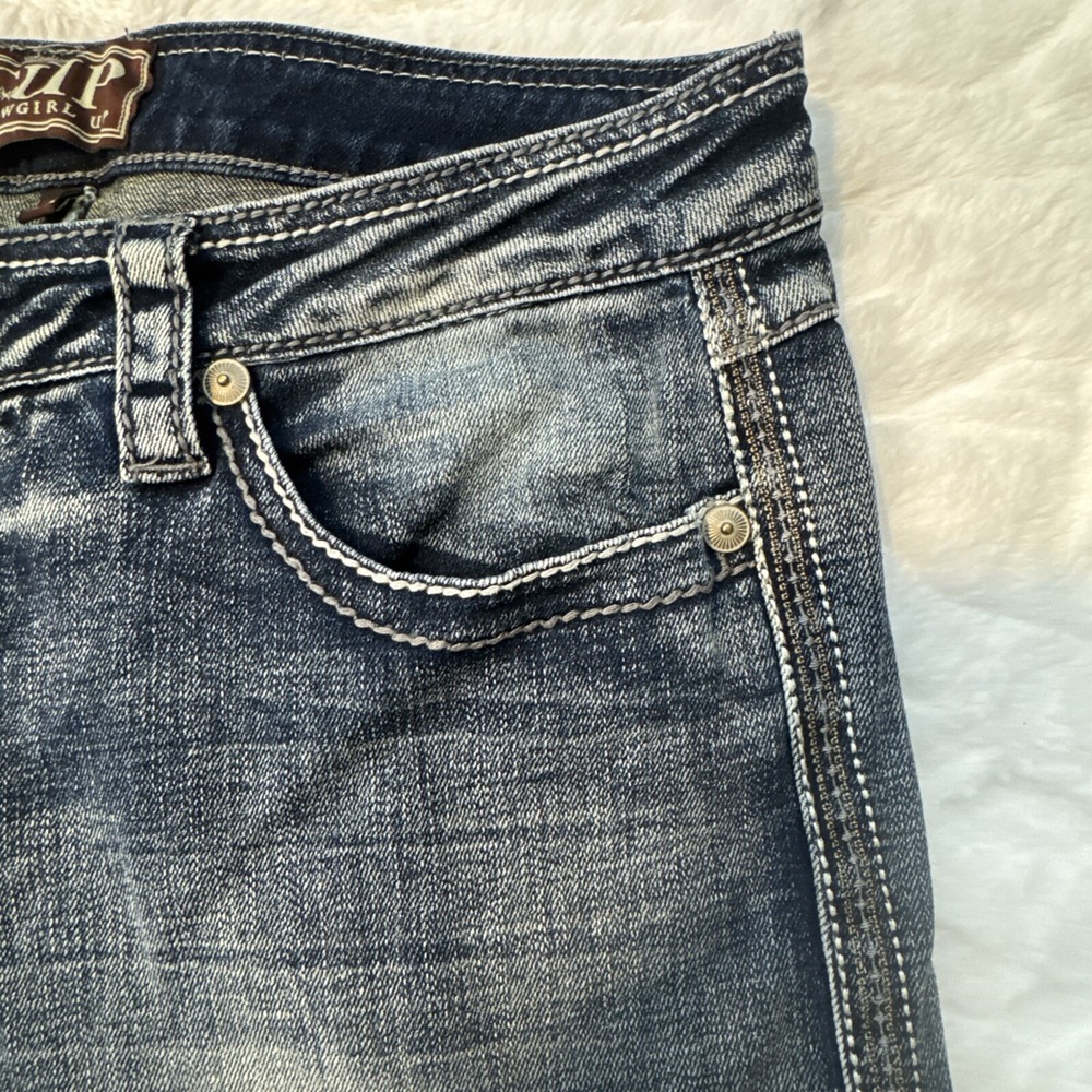 Cowgirl Up Bootcut Jeans Distressed Dark Wash Embroidered Sequins 30x34 - Picture 16 of 16